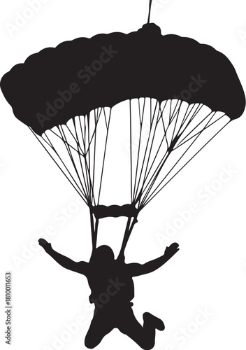 Silhouette of a skydiver in freefall with an open parachute Keywords: silhouette, skydiver, skydiving, parachute, freefall, jump, sport, adventure, extreme, activity, on transparent background
