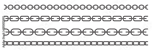 Set seamless chain link. Different chains silhouette black and white isolated on background. Chainlet line design elements. Dangling chain links set design. Vector set of black lines of chain.