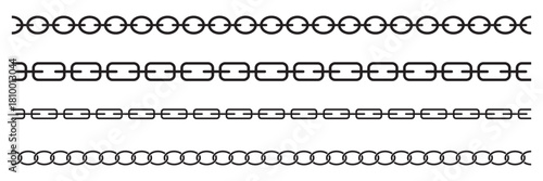 Set seamless chain link. Different chains silhouette black and white isolated on background. Chainlet line design elements. Dangling chain links set design. Vector set of black lines of chain.