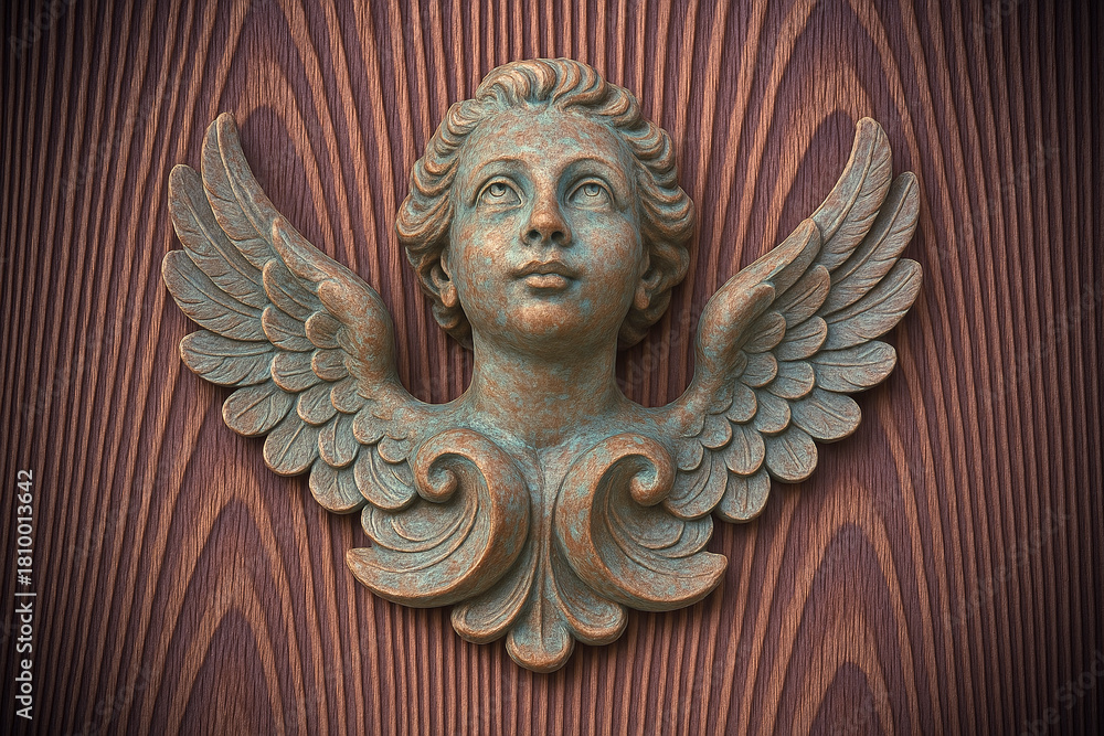 Fototapeta premium BRONZE CHERUB ANGEL SCULPTURE WITH WINGS ON WOODEN BACKGROUND. Ornate classical relief statue with patina metal wings, vintage decorative religious art on textured wood panel