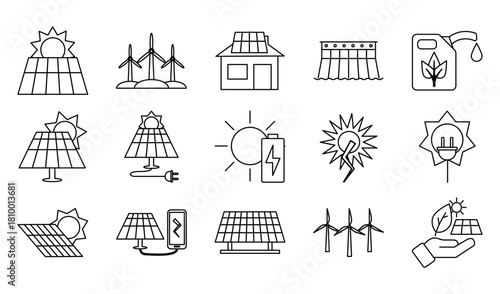 Hoja de iconos sobre energía renovable, solar, eólica y sostenible