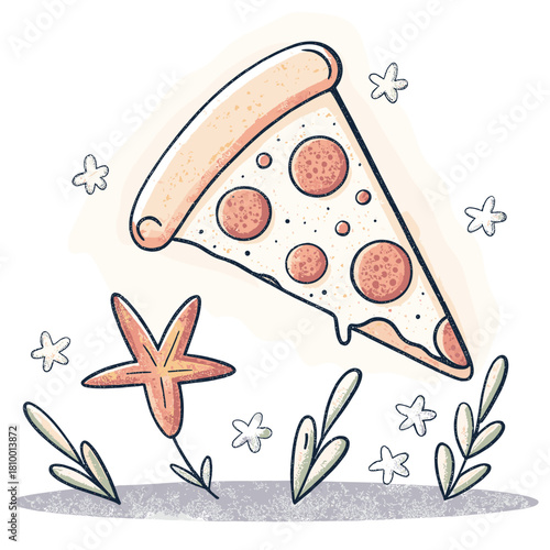 Pizza slice floating among flowers and plants with concept of Holiday Takeaways  