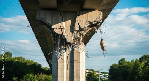 Damaged and cracked concrete support pillar of an overpass bridge