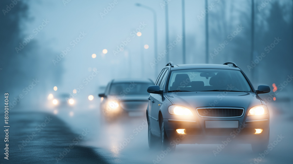 Fototapeta premium Vehicles in thick atmospheric haze fog faceless hazardous scene defocused foggy background automobile circulation danger limited visibility traffic dangerous driving condition