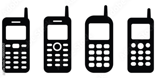 Vintage mobile phone silhouette collection, Retro cellphone icon set with keypad, Classic mobile communication device symbol