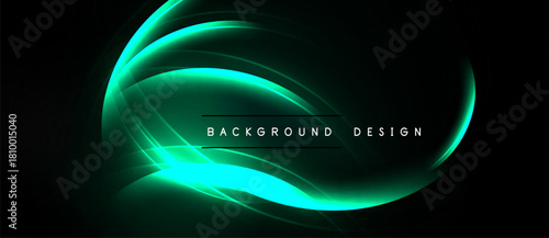 Dark backdrop features vibrant turquoise flowing lines. Central text reads background design. Minimalist, modern aesthetic. Smooth gradients create depth.