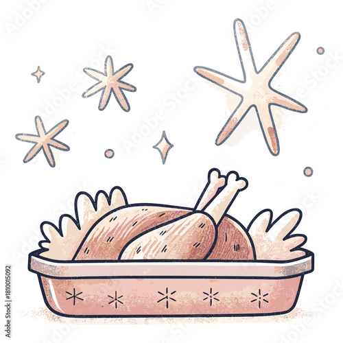 Roast chicken in tray with decorative stars for Holiday Takeaways  