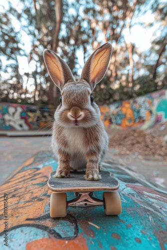A brown rabbit stands on a skateboard at a skate park. AI.