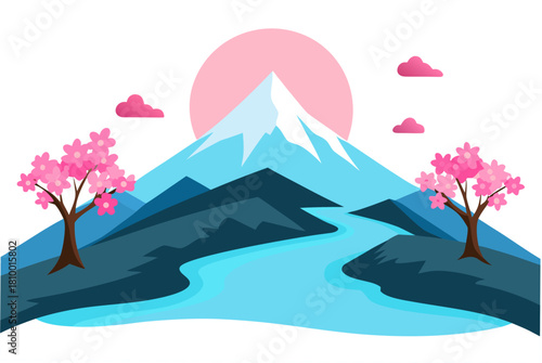Mountain and cherry trees
