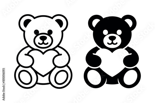 Two adorable teddy bears, one outlined and one solid black, each holding a heart