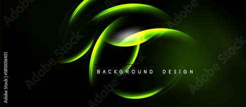Abstract green lines form dynamic curves. Dark background emphasizes glowing shapes, creating modern design element. Text reads background design.