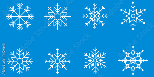Crystalline Winter Collection Eight Unique Vector Snowflake Icons in Symmetrical Patterns Against Vibrant Cerulean Background