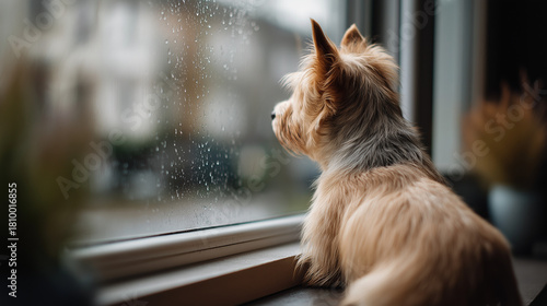 Small breed faceless canine seated on ledge during adverse weather defocused window background terrier on sill pet in bad conditions indoor animal waiting seasonal pet scene