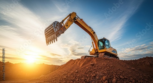 Excavator on a construction site at sunset, heavy equipment and industry