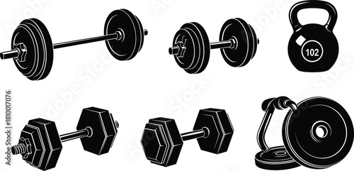 Gym weights vector set, dumbbells, barbells, kettlebell, fitness equipment icons, black and white illustration, strength training, workout gear