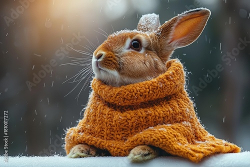 Rabbit wearing an orange knitted sweater in a snowy outdoor environment. AI.