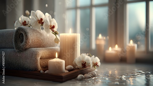 Spa composition with burning candles and white orchids on towels.

Relaxing spa scene with soft towels, candles, and orchid flowers