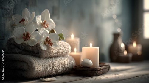 Cozy spa interior with aromatherapy candles and orchid blossoms.

Tranquil wellness background with lit candles and soft lighting