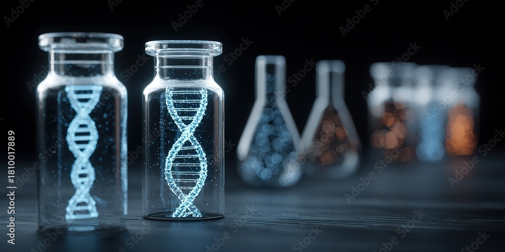 Fototapeta premium Creative laboratory setup with glowing DNA in glass vials surrounded by various scientific containers