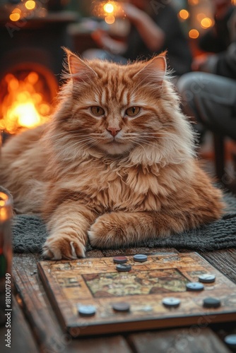 Orange cat laying on a gray blanket over a wooden board game on a wooden table. A fireplace is in the background. AI.