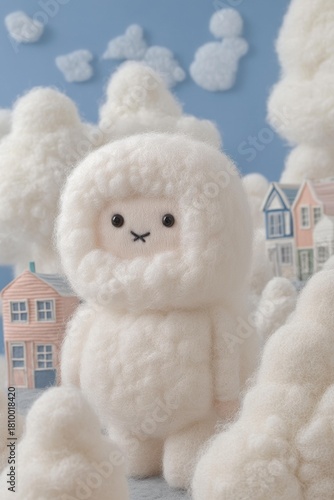 A fluffy white doll with an X mouth stands near miniature houses and clouds against a blue background. AI.