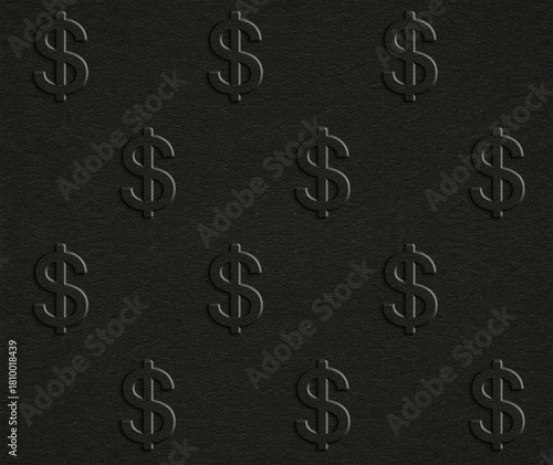 Seamless digital background with raised dollar symbols on a dark matte textured surface. Modern financial texture perfect for business themes, banking promotions, and investment design.