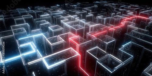 Abstract digital maze with glowing lines in a futuristic environment showcasing complexity and innovation