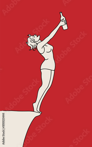 Retro Pin-Up Woman Reaching for Bottle on Cliff Edge Dramatic Freedom Celebration or Reckless Danger Concept