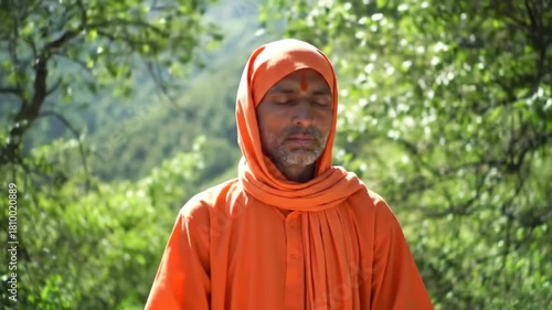 Spiritual Indian man in saffron robe meditating outdoors with blurred foliage in background, for relaxation
