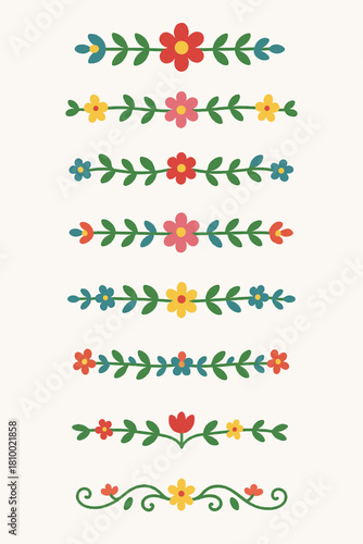 Set of Cute Folk Art Floral Text Dividers and Separators with Colorful Flowers and Leaves
