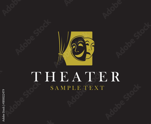 golden icon of comedy and tragedy theatrical masks isolated on black background