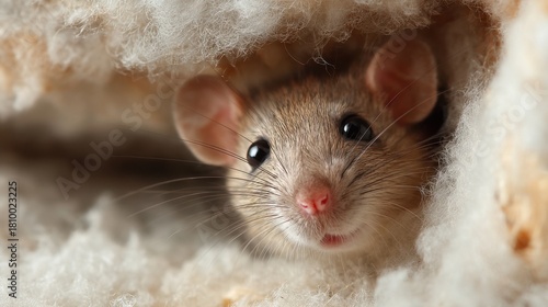 A small mouse is peeking out from under a blanket. The mouse is smiling and he is happy