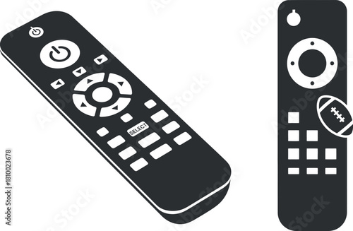 Two remote controls in black and white for television or media devices