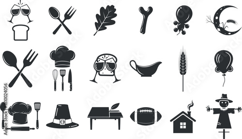 Thanksgiving and autumn themed vector icon set in black and white