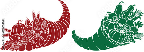 Red and green cornucopias filled with harvest bounty on white