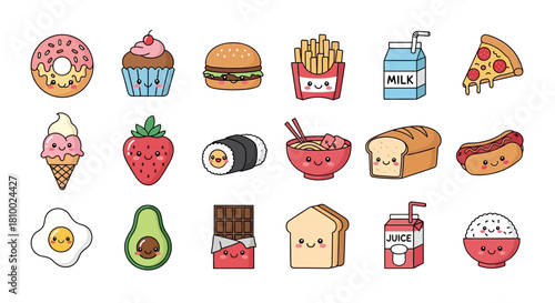 Cute cartoon food icons: donut, cupcake, burger, fries, milk, pizza, ice cream, strawberry, sushi, ramen, bread, hotdog, egg, avocado, chocolate, toast, juice, rice.