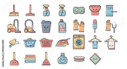 Collection of cleaning tools and supplies in cartoon style.