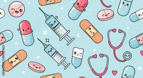 Cute medical supplies pattern with pills, syringes, bandages and stethoscopes.
