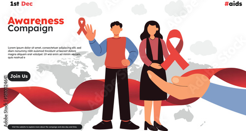 AIDS Campaign with Heart Ribbon and Diverse Characters.