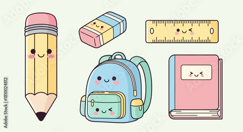Cute school supplies: pencil, eraser, ruler, backpack, and book with kawaii faces.