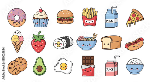 Cute cartoon food icons: donut, cupcake, burger, fries, milk, pizza, ice cream, strawberry, sushi, ramen, bread, hotdog, cookies, avocado, egg, chocolate, juice, rice.