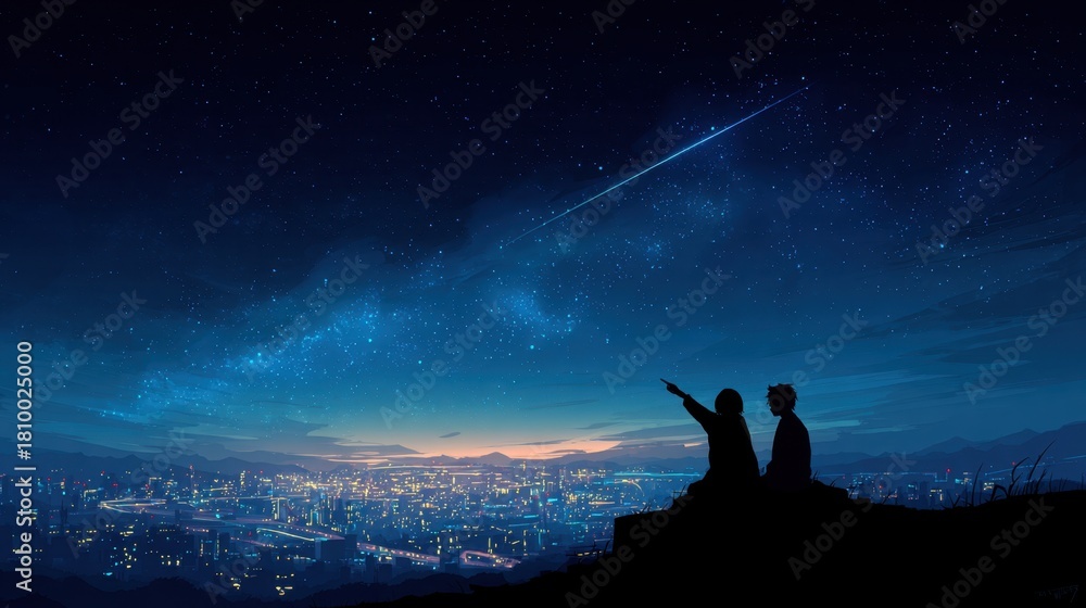 Fototapeta premium Two people are looking up at the sky, pointing at a shooting star. The scene is set in a city at night, with the city lights visible in the background. Scene is peaceful and romantic