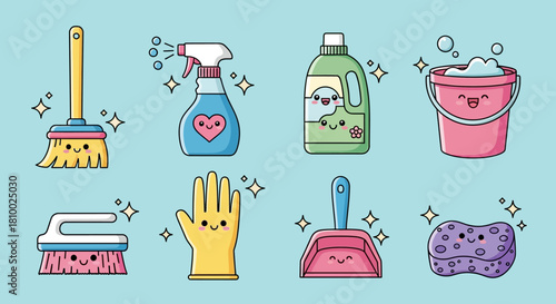 Cute cartoon cleaning supplies: broom, spray bottle, detergent, bucket, brush, glove, dustpan, sponge.