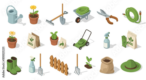 Isometric gardening tools and equipment icons set, including plants, seeds, and lawnmower.
