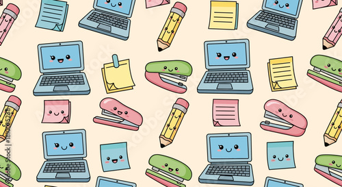 Seamless pattern with cute office supplies: laptops, pencils, staplers, and sticky notes.