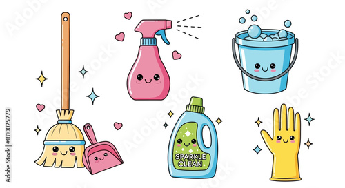 Cute cartoon cleaning supplies: broom, spray bottle, bucket, detergent, glove, and dustpan.