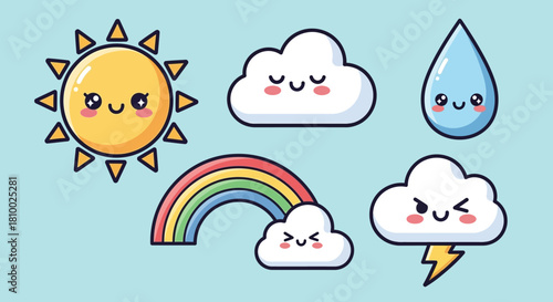 Cute weather icons: sun, clouds, rain drop, rainbow, and lightning.