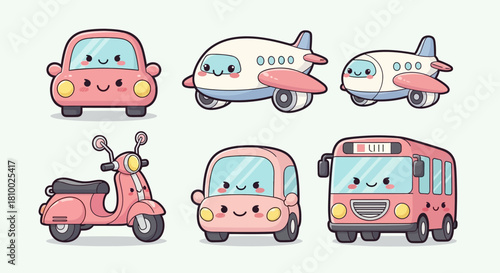 Cute cartoon transportation vehicles: cars, airplanes, scooter, and bus.