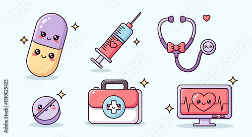 Cute medical icons: pill, syringe, stethoscope, tablet, first aid kit, and monitor with heartbeat.