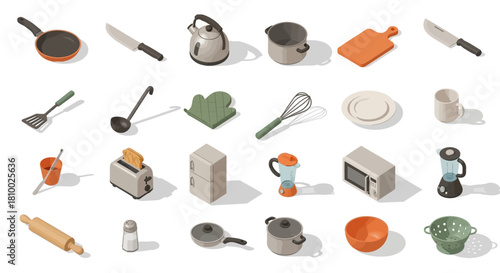 Isometric kitchenware set: frying pan, knife, kettle, pot, cutting board, spatula, ladle, oven mitt, whisk, plates, mug, bucket, toaster, fridge, blender, microwave, rolling pin, and more.
